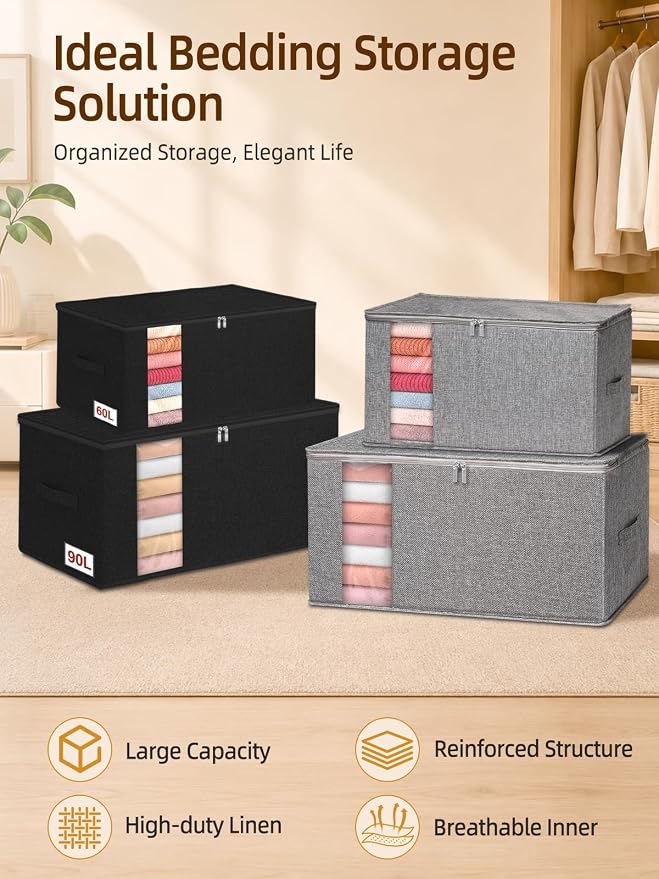 60L Rigid-Sided Blanket Storage Bags, 2 Pack, Gray | Rigid Sides and Bottom, Stackable Design, for Comforters, Quilts, Bedding, Pillows and Clothes, Closet and Dorm Organization