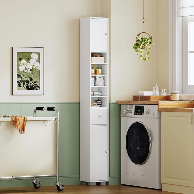 Bathroom Cabinet, Narrow Bathroom Storage Cabinet with 5 Adjustable Shelves & Drawer, Freestanding Cupboard for Small Spaces, White