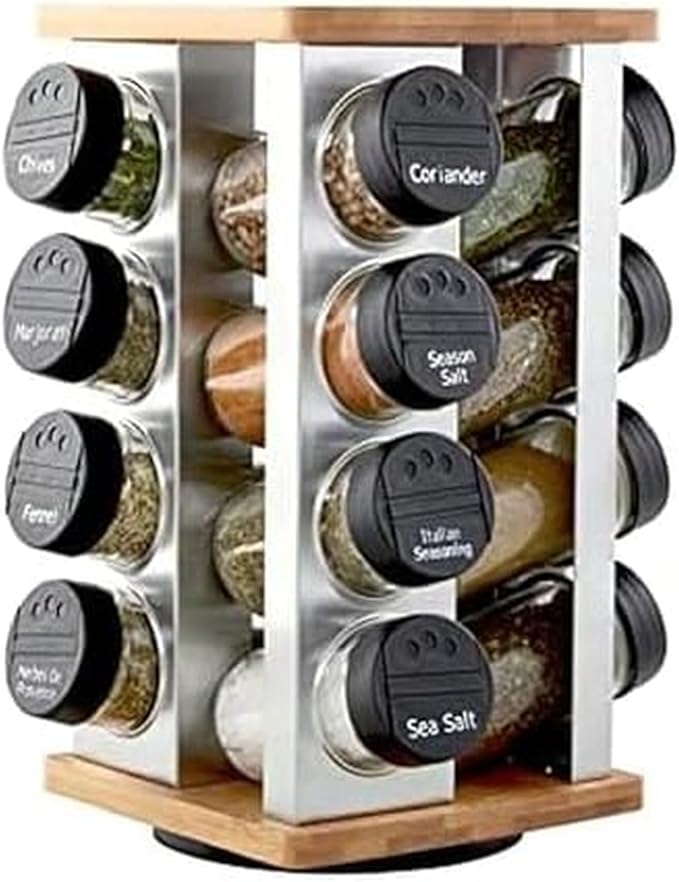 Kamenstein 16 Jar Warner Revolving Countertop Spice Rack Organizer with Lift & Pour Caps and Spices Included, FREE Spice Refills for 5 years, Stainless Steel & Bamboo with Black Caps