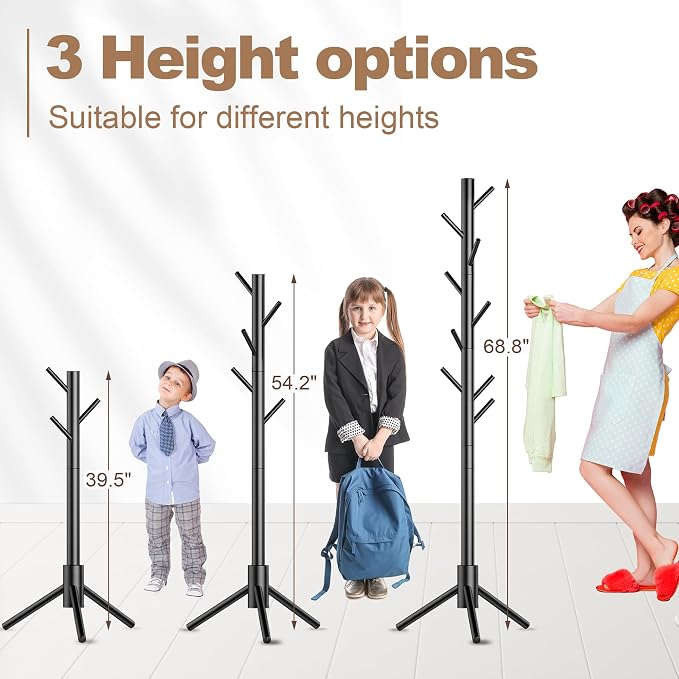 Aliphon Wooden Coat Rack Stand, Freestanding Coat Rack with 8 Hooks, 3 Adjustable Size Coat Tree for Hats, Coats, Scarves bags, Coat Hanger Stand Used in Bedroom/Office/Entryway (Black)
