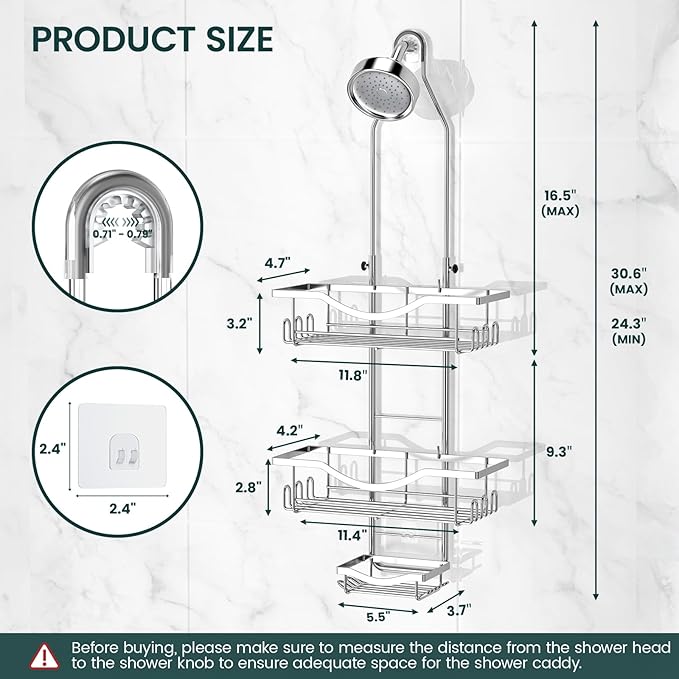 Shower Caddy Hanging Adjustable Shower Caddy, Rustproof Shower Organizer Extended Length Showers Caddy Over Shower Head with Hooks Soap Holder, Large Capacity Anti-Swing Bathroom Organizer, Silver | Rustproof Shower Organizer, Extra Long, No Drilling, ...