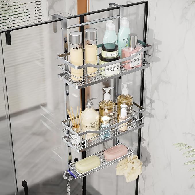 SWTYMIKI Over the Door Shower Caddy - 3 Tier Adjustable Shower Organizer Hanging with Soap Holder, No Drilling Stainless Steel Bathroom Rack Hanging for Body Wash, Shampoo, Soap, Razor, Silver