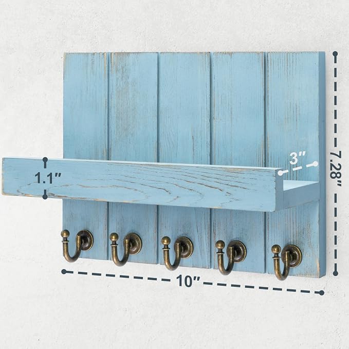 Rebee Vision Key Holder Wall Mount with Shelf for Entryway, Distressed Blue | 3.54'' x 10''x 7.28'', Key Holder for Wall, Floating Shelf, Plant Display, Mail Sorter, Hanging Hooks, Mid-Century Decor