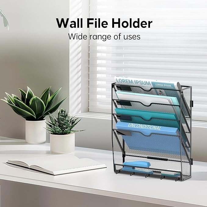 2 Pack 5 Tier Wall File Organizer - Hanging File Organizer with 5 Hooks, Mail Holder Wall Mounted for Papers, Folders, Magazines, Bills, Office&School Organization, Black