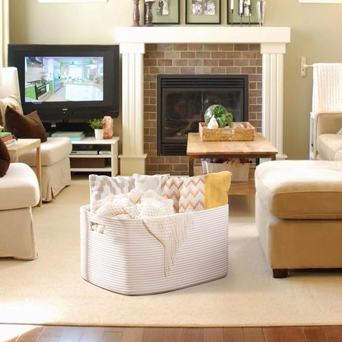 OIAHOMY XXLarge Rectangle Blanket Basket-96L, Cotton Woven Basket for Storage, Dirty Clothes Basket for Living Room, Nursery, Bedroom, Toy Organizing with Handle, 24" x 16" x 15", White