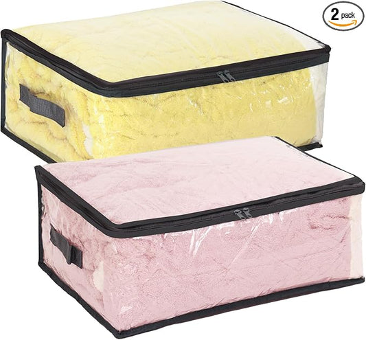 Fixwal Blanket Storage Bags 2 Pack Plastic Clothes Closet Organizer Clear | Clear Plastic, Zippered Closure, for Clothes Comforters Sweaters Blankets Sheets and Toys, Closet Storage