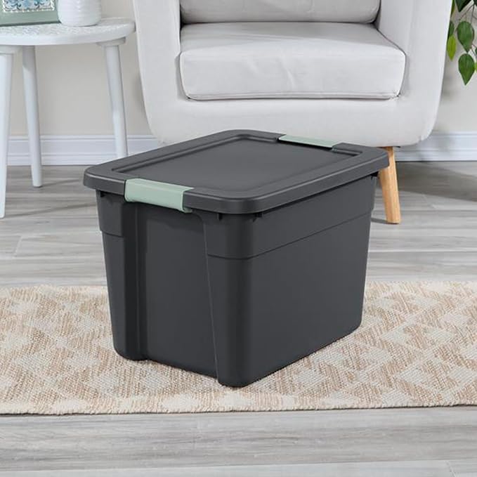 Sterilite 24 Pack Latch Tote, Stackable Plastic Storage Container, 12 Gallon, Gray/Green