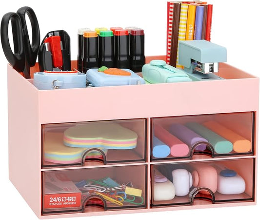 LETURE Office Desktop Organizer with Drawer, Desk Top Accessories Stationary Organizer Desk Caddy, Pen/Pencil/Business Card/Sticky Note Tray/Paperclip Holder Storage Box (Pink)
