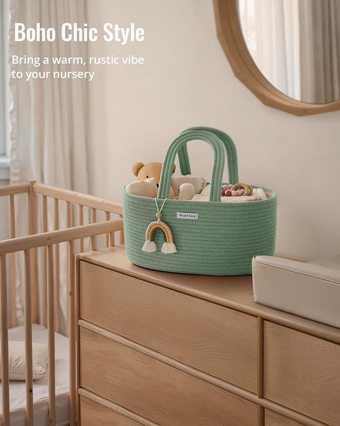 Blissful Diary Baby Diaper Caddy Organizer, Cotton Rope Diaper Caddy Basket, Oval Storage Basket, Gift for Baby Shower, Newborn Essentials, Green