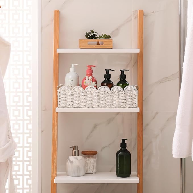 Bathroom Decor Basket for Toilet Paper Storage Baskets For Organizing | For Bedroom Living Room Kitchen Home Decor Scalloped Cute Basekt With Handle for Apartment Countertop,White