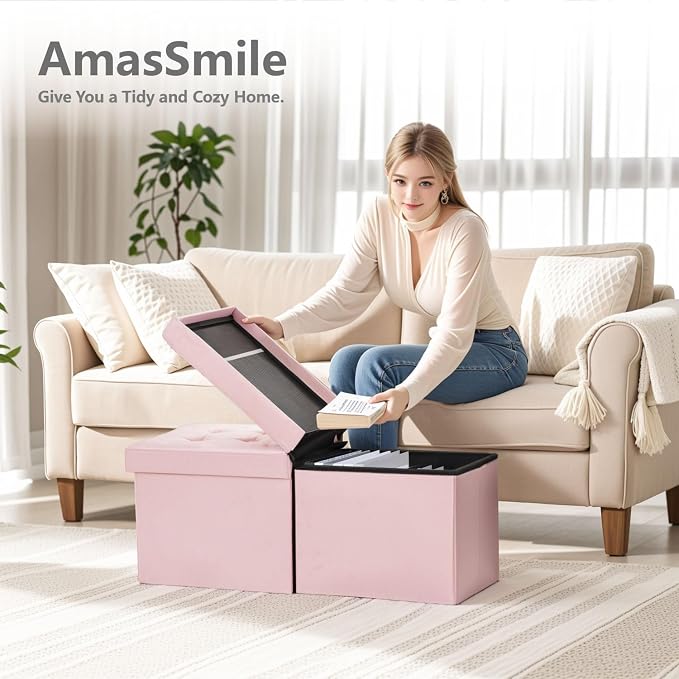 AmasSmile Footrest Ottoman Storage Bench, 34" Velvet Folding Stool, Pink | Large Ottoman with Storage, Thicker Foam Padded Seat, Livingroom, Dorm, Bedroom, Entryway, Easy to install, 34 x 13 x 13in