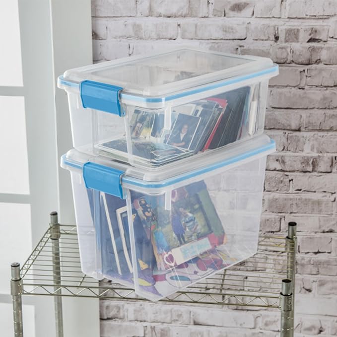 Sterilite Gasket Storage Box with Lids for Home & Office, 20 Quart, 18-Pack | Heavy-Duty, Stackable, and Organizing Containers for Bathroom, Cabinet, Closet, and Garage, Clear and Blue Aquarium Latches