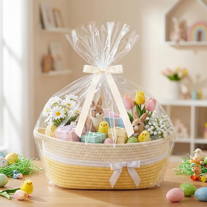 Colingmill 1 Set Woven Empty Basket for Gift,Light Yellow White | with Cellophane Wrap Set, 14 x 10 x 5.5 Inch, Medium Decorative Gift Basket, Cotton Rope Storage Box, Home Decor