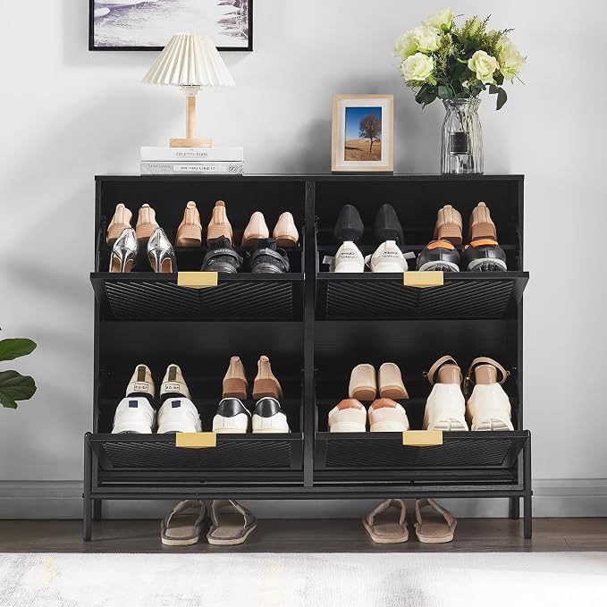 Shoe Cabinet with 4 Flip Drawers, Narrow Entryway Rack, Black | Slanted Wood Grain, Freestanding, Adjustable Compartments, Removable Middle Shelf, Metal Handles, for Hallway Foyer Entrance