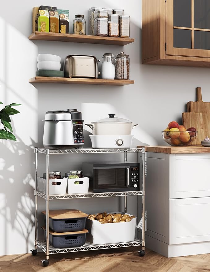 Simple Deluxe Heavy Duty 3-Shelf Shelving Unit with Wheels, Adjustable Steel Wire Shelving, Chrome Metal Shelf Organizer for Kitchen Organization and Storage, 750 lbs Capacity