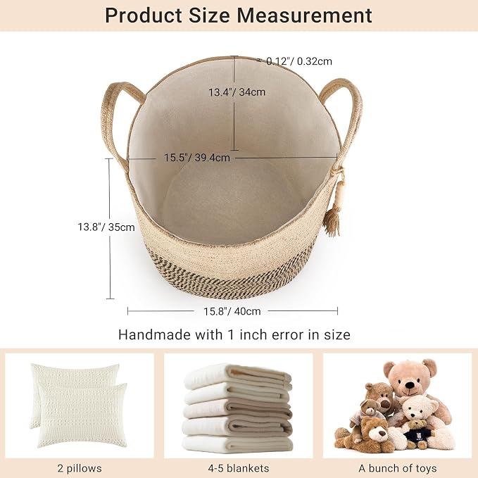 Mkono Woven Storage Basket Decorative Rope Basket Wooden Bead Decoration for Blankets,Toys,Clothes,Shoes,Plant Organizer Bin with Handles Living Room Home Decor, Yellow and Black, 16" W × 13.8" | Yellow and Black, Decorative Basket with Handle, Wood Be...