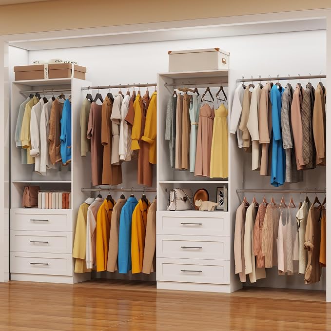 Closet System with Drawers, closet organizer system,2 Sets 4-15FT | 6 Wooden Drawers Storage, 10 Expandable Hanging Rods,Wall Mount, White