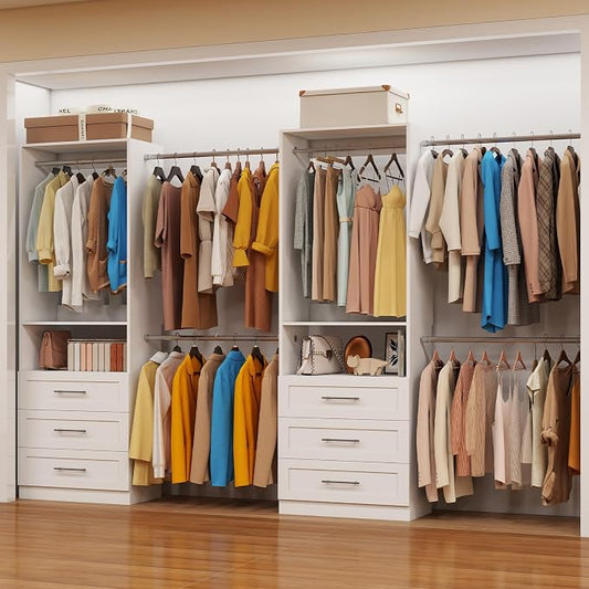Closet System with Drawers, closet organizer system,2 Sets 4-15FT | 6 Wooden Drawers Storage, 10 Expandable Hanging Rods,Wall Mount, White