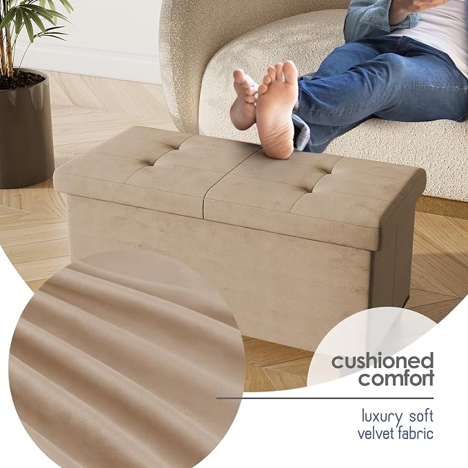 Storage Ottoman Bench with Bins, 30-in Storage Bench for Bedroom End of Bed, Folding Foot Rest Ottoman for Living Room Max 660lbs, Velvet Ottomans, Taupe