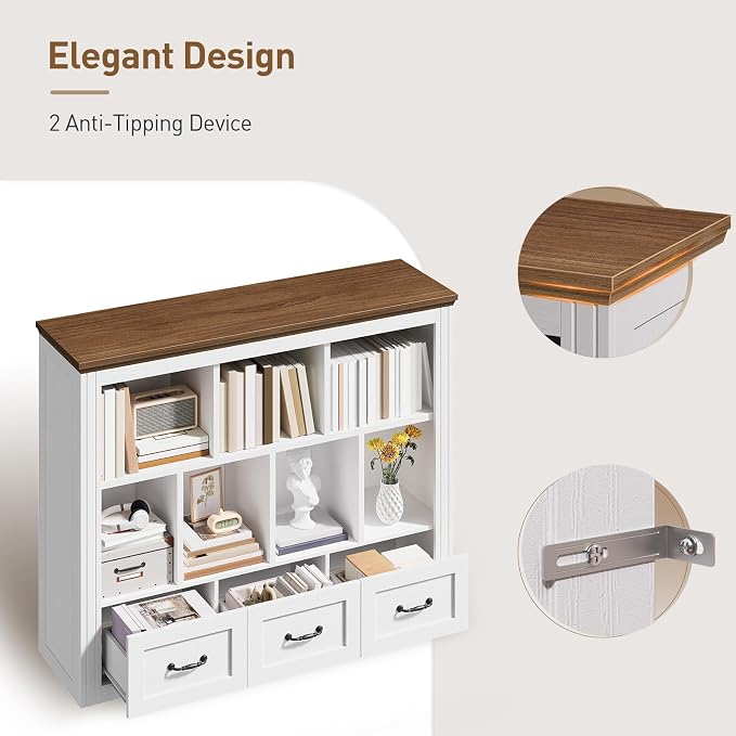 10 Cube Bookshelf Set of 2, Wooden Cubby Storage Organizer, Farmhouse Short Bookcase, Cube Shelf Bookcase with 3 Drawers, 3 Tiers Floorstanding Open Bookshelf, White and Walnut