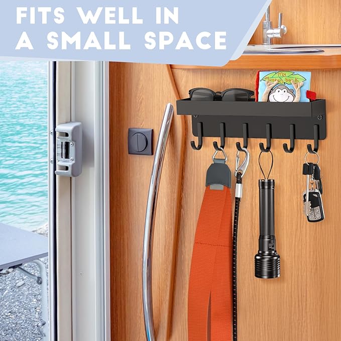 Magnetic Key Holder, Wall Mount Key Rack with Shelf, 9.65 in, Black | Metal Material, Small Size, 6 Metal Hooks, 2 Installation Ways, for Fridge, Entryway, Kitchen, Bathroom, Garage, RV, Office