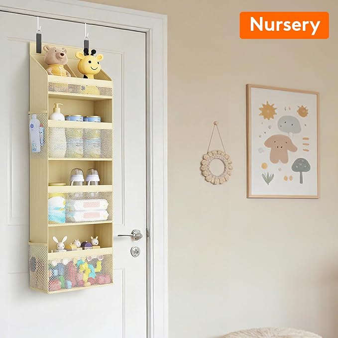 Lifewit 4 Tier Over the Door Diaper Organizer for Nursery, Large Heavy Duty Hanging Storage with 4 Mesh Side Pockets, Sturdy Back of Door Shelf for Baby Stuff Toy in Pantry, Laundry, Bathroom, Beige