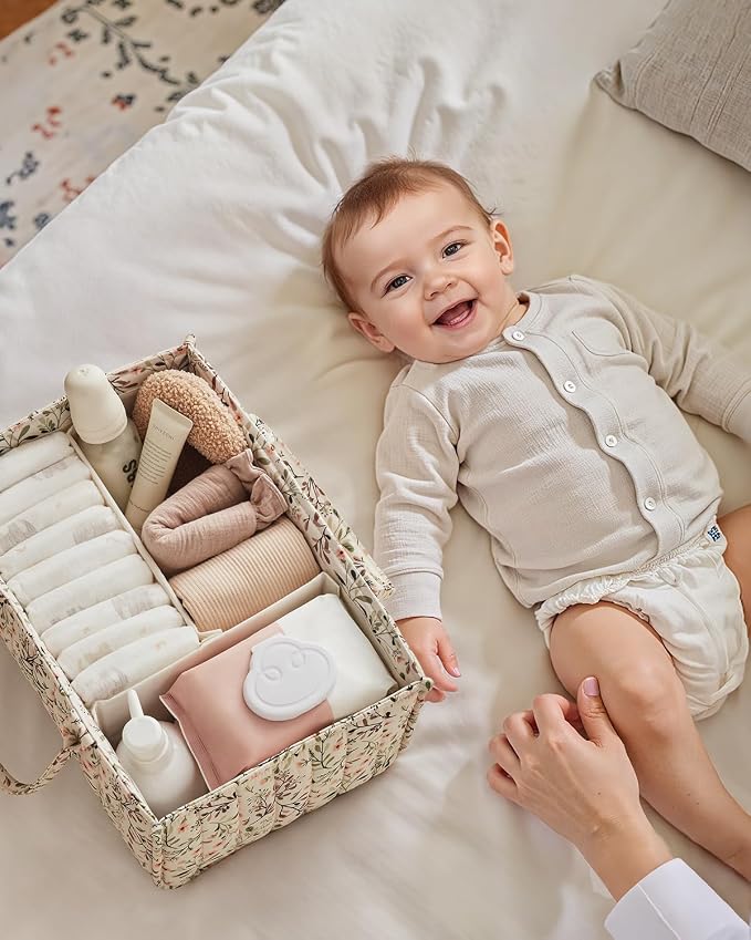 Blissful Diary Floral Diaper Caddy Organizer, Stylish Nursery Storage Basket, Diaper Bag,Gift for Baby Shower, Baby Registry Must Have, Newborn Essentials, Pastoral Daisy