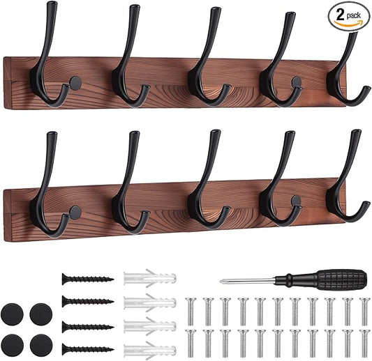 2Pack Wall Mounted Coat Rack with 5 Hooks, 15.8 Inch Wood Coat Hook | Rust-Resistant Metal Hooks, Heavy Duty Wall Hooks, Up To 45 Lb In Studs, Easy Install, For Entryway Bedroom Bathroom