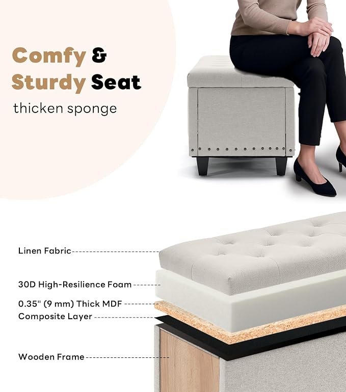 Tbfit Ottoman with Storage, 50.8" Upholstered Button Tufted End of Bed Bench with Safety Hinge & Rivets, Large Entryway Bench, Foot Rest Stool for Bedroom, Living Room (Beige)