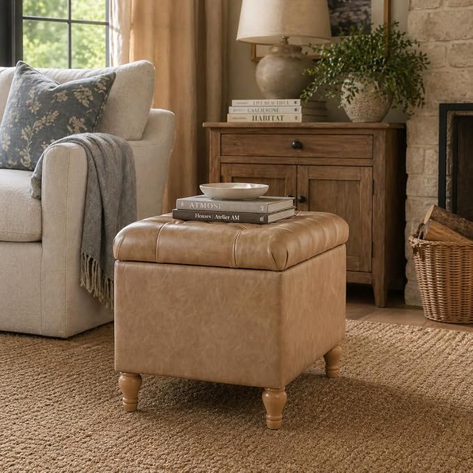 Spatial Order 24" Button Tufted Storage Ottoman - Sand Faux Leather