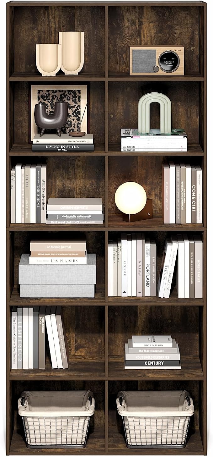 Furinno Basic Book Shelf, 12-Cube Bookshelf, Bookcase with Open Shelf, Cube Storage Organizer, 12 x 32 x 71, for Living Room, Home Office, Amber Pine