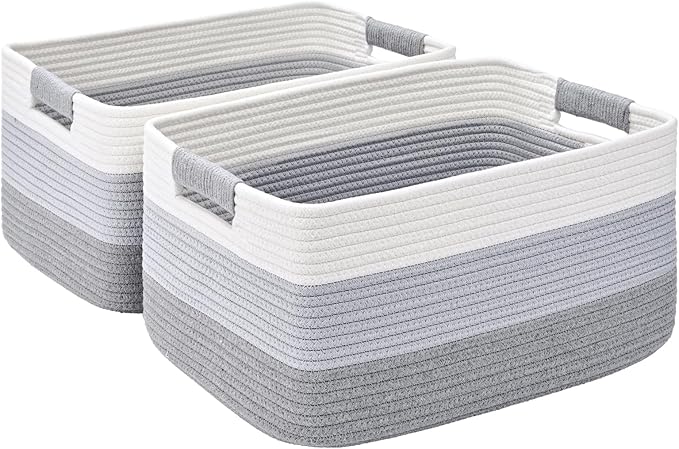 2 Pack Large Storage Basket for Organizing, 17.5"x13"x7" Woven Basket for Shelves, Closet Cube Storage Bins with Wrapped Handle, Cotton Rope Baskets for Kitchen, Clothes, Toys(Gradient Grey)