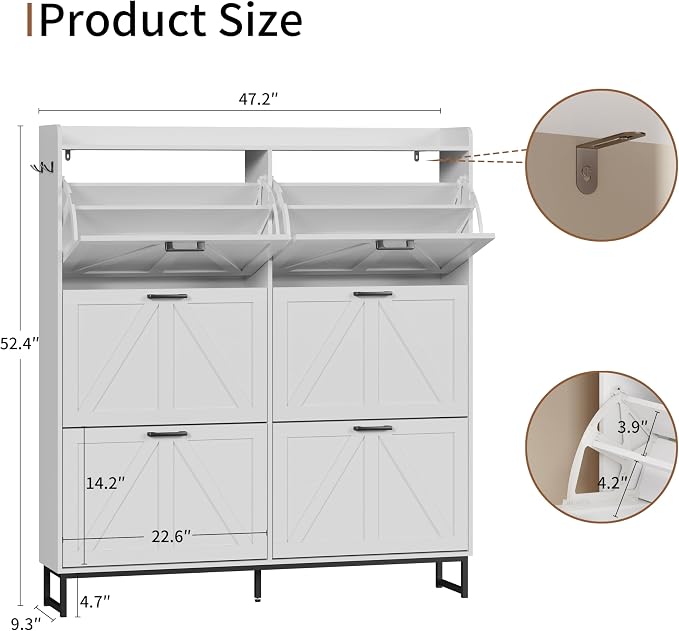 Shoe Cabinet with 6 Flip Drawers, Freestanding Hidden Shoe Storage Organizer for Entryway, Narrow Slim Shoe Rack Cabinet with Open Storage & Hooks for Front Door Entrance, Living Room, Hallway, White