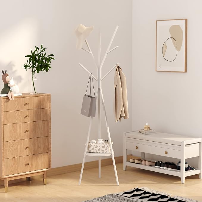 HOME BI Coat Rack Hat Stand Free Standing Display Hall Tree Metal Hat Hanger Garment Storage Holder with 9 Hooks for Clothes Hats and Scarves in White,17.72" Wx17.72 Dx70.87 H