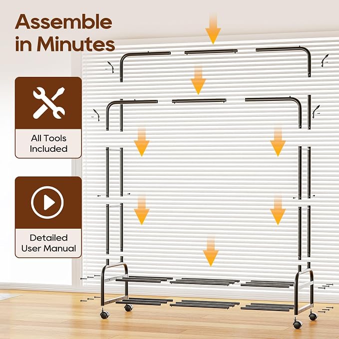 TigerParty Double Rods Clothes Rack for Hanging Clothes, Rolling Clothing Rack with Wheels, Freestanding Garment Racks with 2 Shelves for Bedroom Laundry Living Room