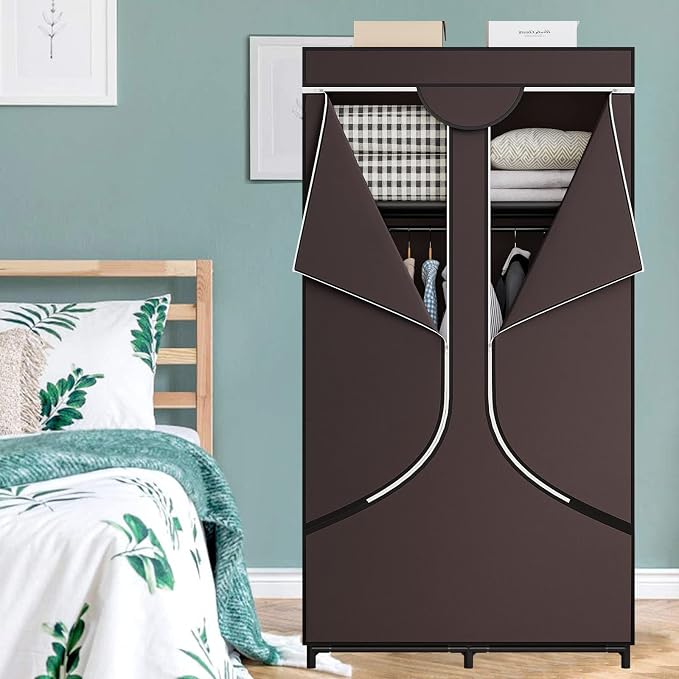 SORCEDAS Portable Closet Wardrobe with Hanging Rods Shelves Clothes Storage | 34 Inch Closet Organizers and Storage with Non-Fabric Cover,Freestanding Clothes Closet for Bedroom,dorm,Storage Rooms Coffee