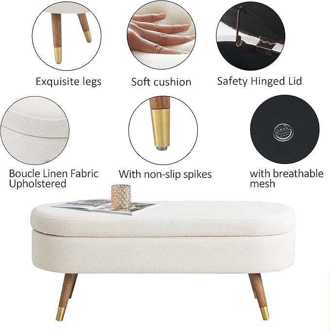 IAFIKE Oval Storage Bench 43.5" Ottoman Bench Upholstered Boucle Fabric Footrest Bench with Golden Metal Legs End of Bed for Bedroom, Living Room, Entryway,Bed Side (Ivory)