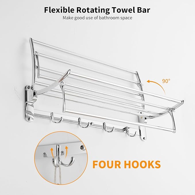 24 Inch Polished Chrome Towel Racks, Bathroom Towel Shelf with Foldable Towel Bar Holder and Towel Hooks, Wall Mounted Multifunctional Bathroom Accessories, Double Towel Bars