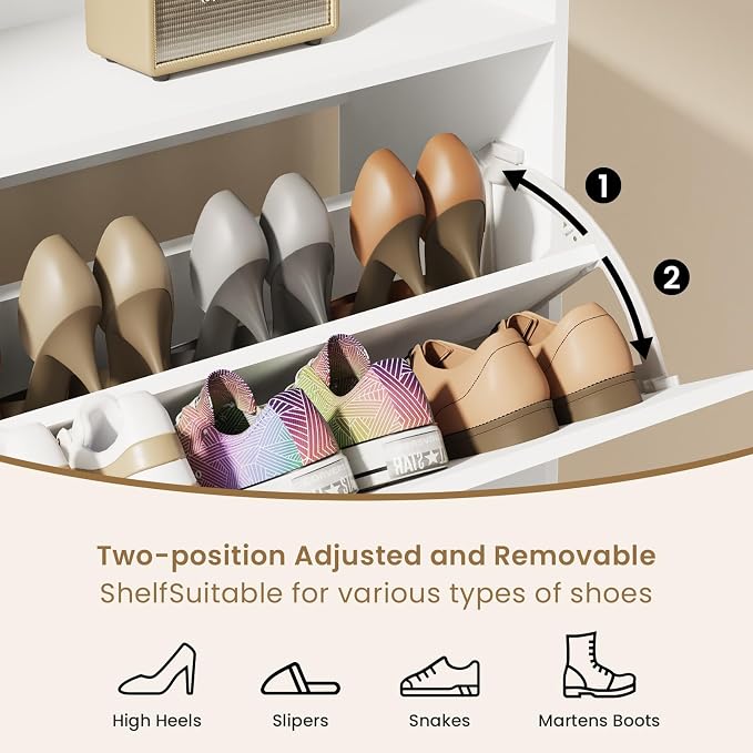 Modern Shoe Cabinet with 2 Flip Drawers & Open Storage, 31.5" W White | Freestanding shoe cabinet with flip drawers ,white design and space-saving storage for entryway,foyer & hallway.