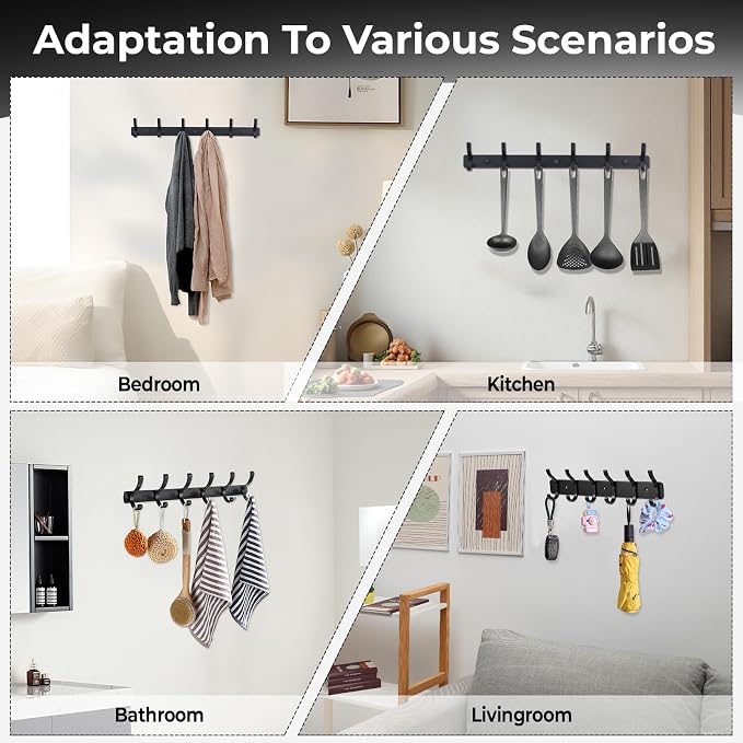 Wall Mount Coat Rack 2 Pack, Black Coat Hooks Hanger with 6 Double Hooks | Zinc Alloy, Smooth Hook Edges, Screw Installation, Double Hooks，Greater Storage Space for Hanging Robes, Clothes, Bags, Hat