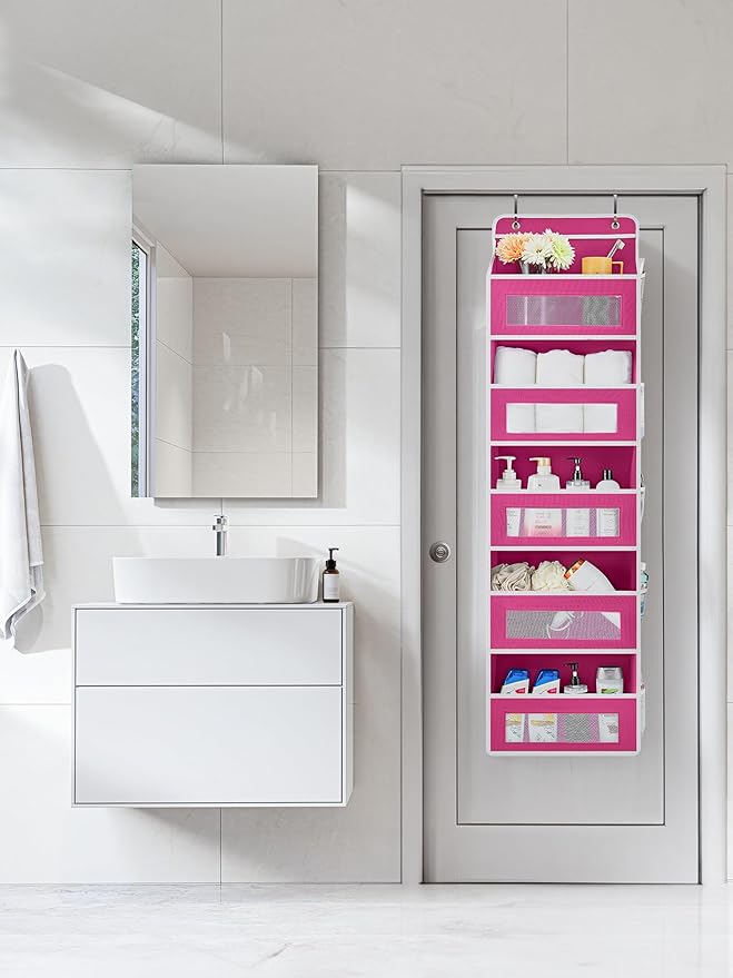 JARLINK Over the Door Organizer for Bathroom, 5 Shelf Rose Pink, 2 Pack | Anti-Tilt Design, 44 lb Load Capacity, Hanging Door Organizer with 5 Large Capacity Pockets, Behind Door Storage for Nursery