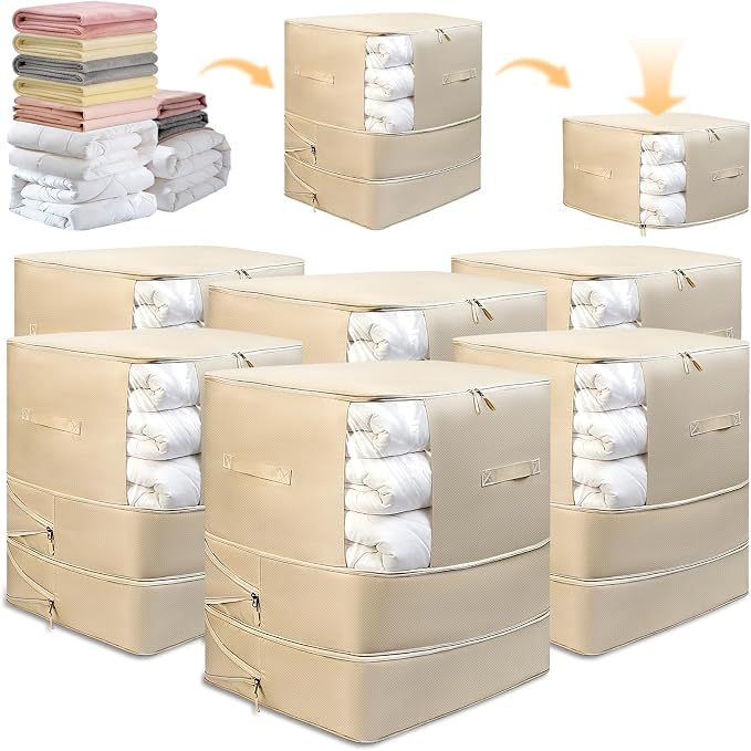 6 Pack Upgrade Comforter Storage Bag with Handle, Space Saving 3-Layer Adjustable In 3 Sizes (142L, 107L, 71L), Compression Blanket Storage Bags, Washable Bedding Organizer For Pillow Duvet Clothing