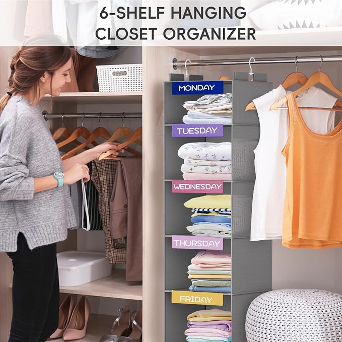 Weekly Hanging Closet Organizer for Kids, 6-Shelf Clothes Storage with Labeled Days of The Week Monday Through Friday, Weekday and Weekend, Days of The Week Clothes Organizer