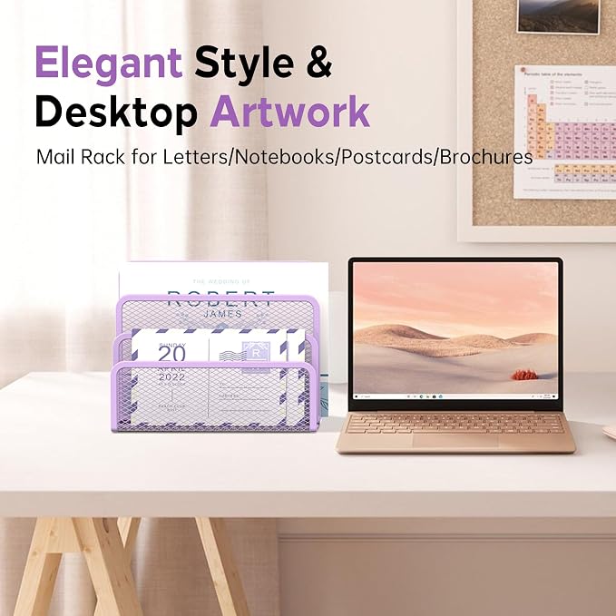Mail Organizer Countertop for Desk, Mail File Holder with 3-Slot, Purple | Metal Mesh Mail Sorter for Letters, Envelopes, Bills, and Files for Home Offices, Classroom Organization