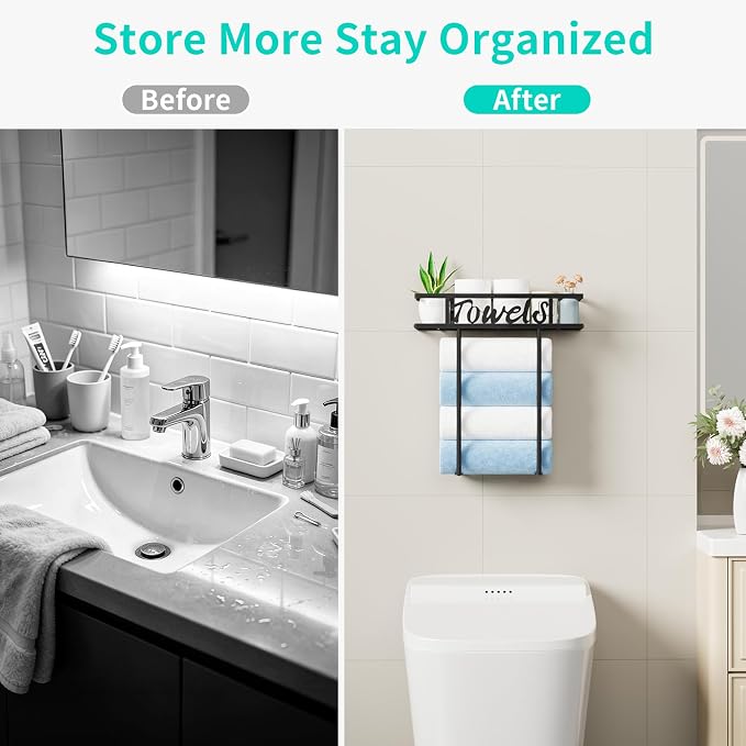 HapiRm Rolled Towel Racks for Bathroom - Towel Storage for Above Toilet | Space-Saver Wall Mounted Towel Holder with Metal Top Basket & 4 Hooks, Fit for Bathtub, Vanity, Small Bathroom, Camper, RV
