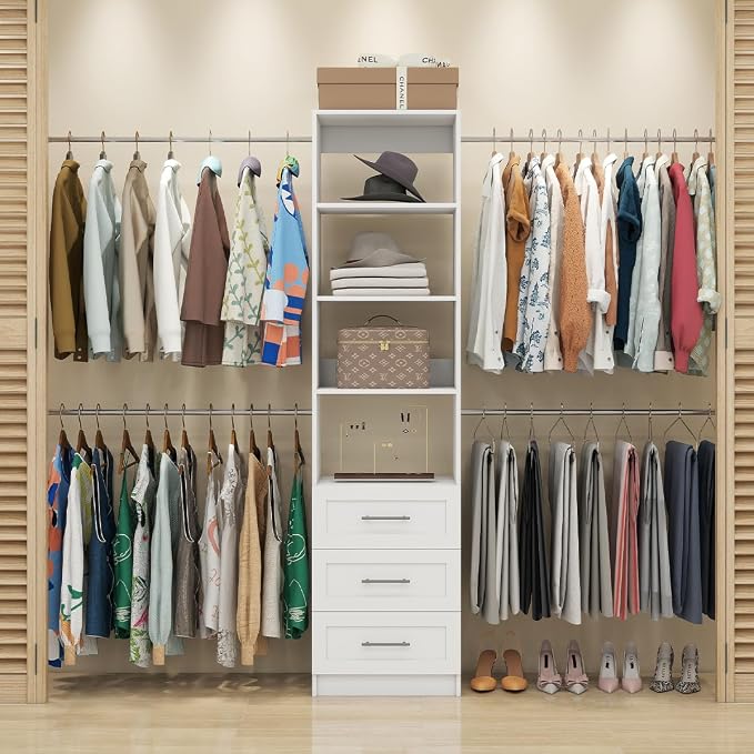 Closet Organizer System with Drawers, Wall Mounted 5FT-9FT White | 3 Wooden Storage Drawers, 4 Expandable Hanging Rods, 2 Adjustable Shelves,walk-in closet organizer,Wall Mount Walk In Tower