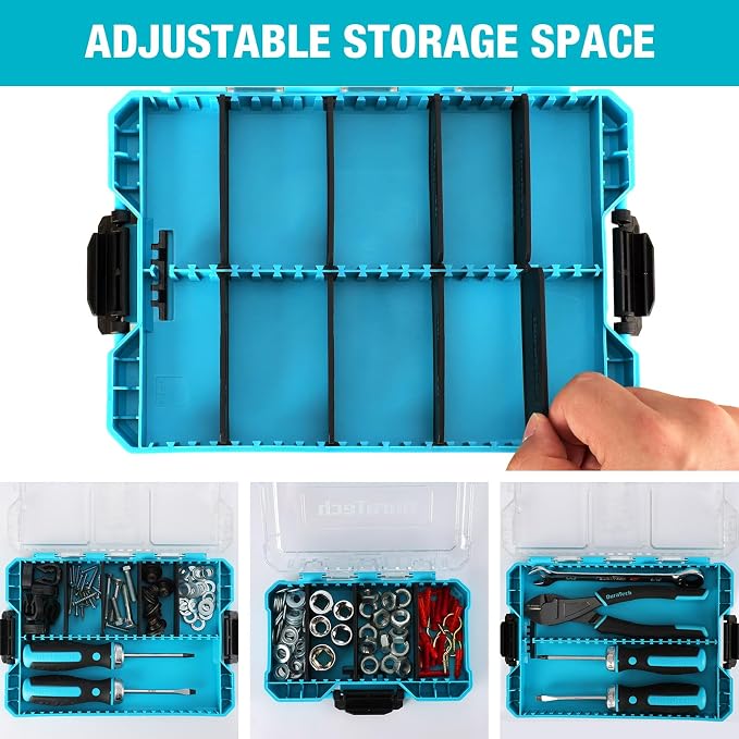 DuraTech 3-Piece Small Parts Tool Box Organizer with 14 Dividers | Stackable clear-lid boxes with 14 removable dividers; storage for screws, nuts, bolts, nails, drill bits and small hardware
