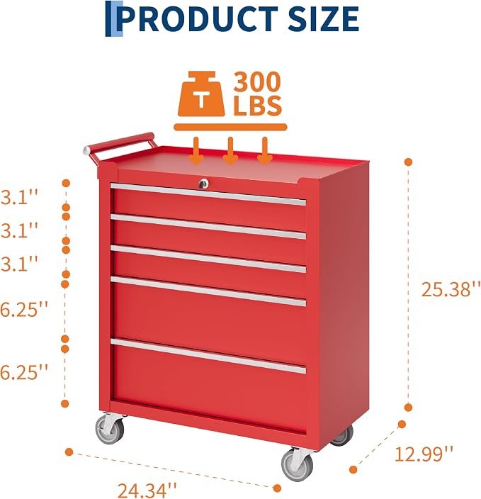 Garvee Rolling Tool Chest, 5 Drawers Tool Storage Cabinet, Toolbox with Wheels, Portable Tool Cabinet Organizer with Locking System & Drawer Liners, Tool Storage Cart for Garage, Workshop, Red