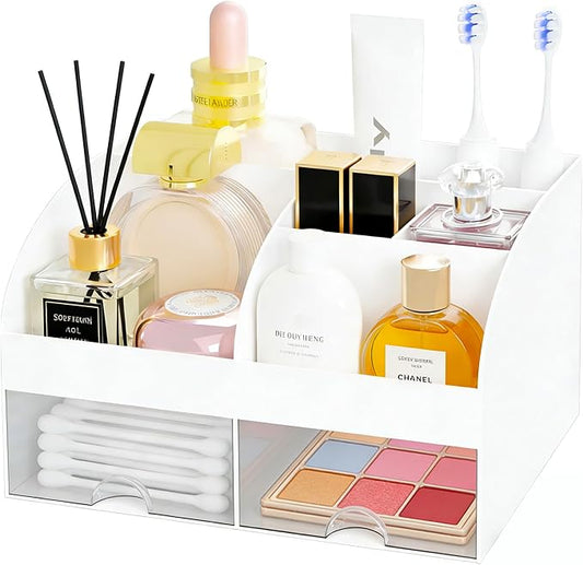 Makeup Organizer with 2 Drawers, Cosmetic Storage for Dresser Vanity and Bathroom Countertop,Make up organization and Skincare Storage with Beauty Brush Holder, Cosmetic Display Case (White)