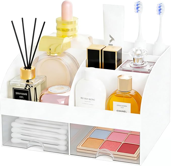 Makeup Organizer with 2 Drawers, Cosmetic Storage for Dresser Vanity and Bathroom Countertop,Make up organization and Skincare Storage with Beauty Brush Holder, Cosmetic Display Case 2Pcs White
